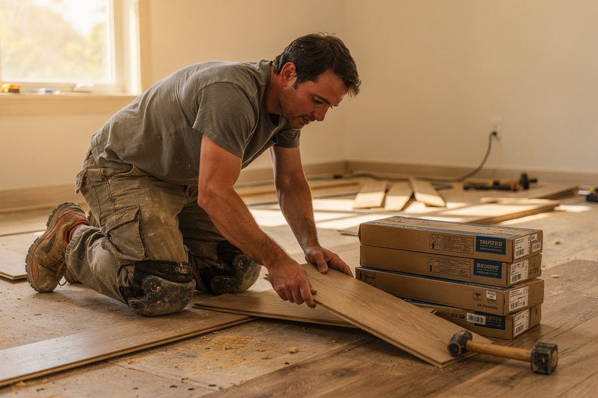 Worker installing luxury vinyl plank flooring across a room